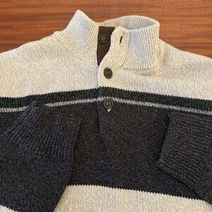 Chaps Men's 100% Cotton Quarter Button Sweater – Size Large –Gray & Cream Stripe